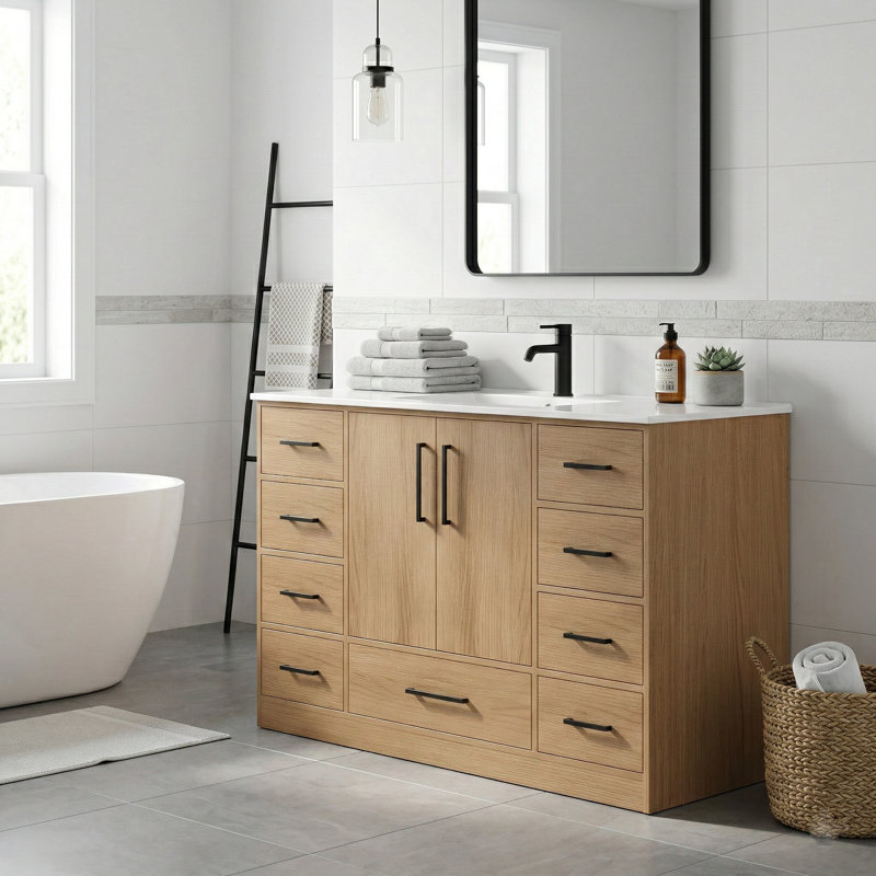 48" Modern Farmhouse Freestanding Bathroom Vanity with 9 Drawers, Light Oak, Black, Light Oak