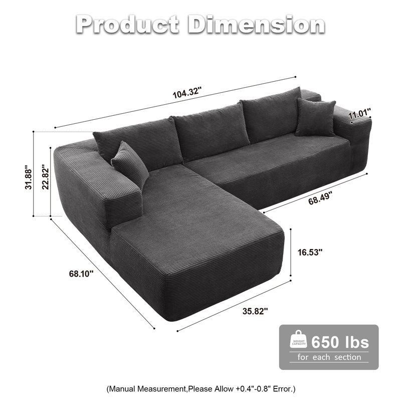 Canapé-lit 2 pièces avec coussin Kessas, Orienté vers la gauche, Velours côtelé gris