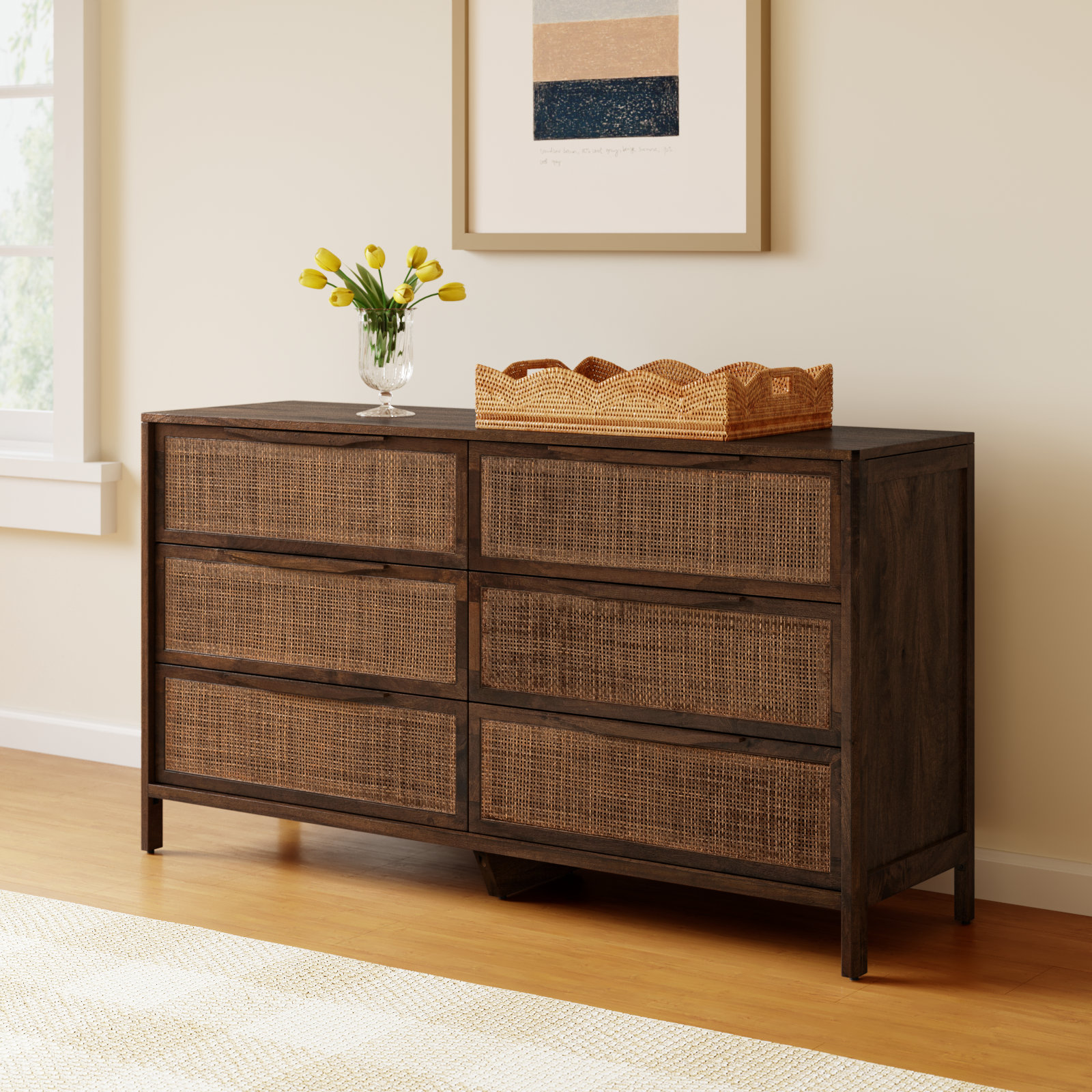 Nellie 58" Mango Double Dresser, Brown Wash/Brown Cane