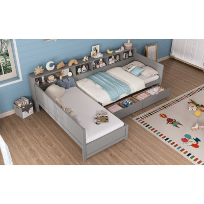 Lit de jour simple pour 2 personnes, structure de lit simple en L avec 3 tiroirs de rangement, lit d'angle en bois avec bibliothèque, cadre de lit d'angle pour chambre à coucher, salon, gris