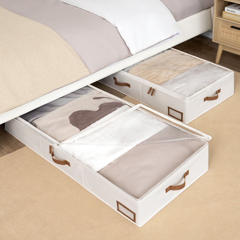 Large Underbed Storage Containers with Handles and Label Holder, Fabric Underbed Bins for Clothes, Blankets, Sweaters, White