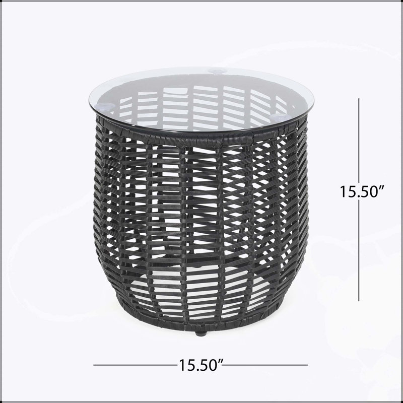 Arias Boho Rattan Side Table with Tempered Glass Top and Durable Metal Frame for Outdoor Use, Black