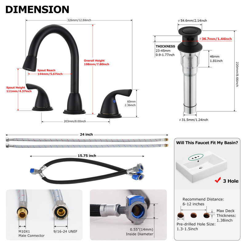 Widespread  2-Handle Pull Out Sprayer Bathroom Sink Faucet With 360 Swivel Spout, Matte Black
