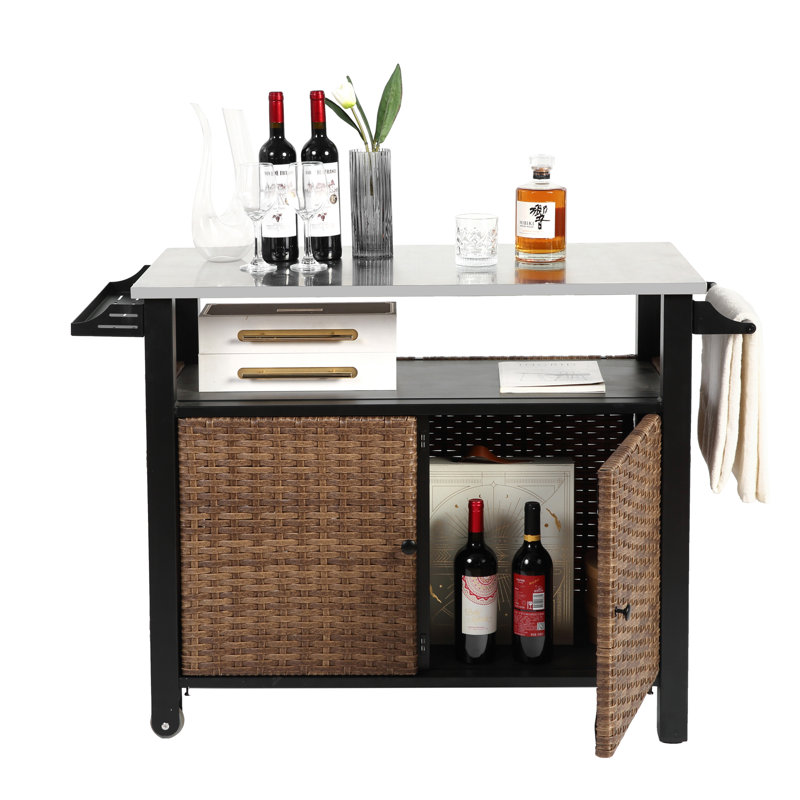 47.24“ Loutdoor Kitchen Wicker Island Rolling Cart & Storage Cabinet With Wheels And Stainless Steel Extended Table Top