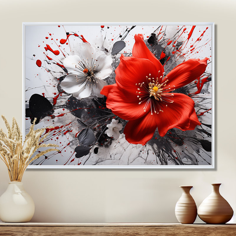 Red Grey Botanical Symphony I - Abstract Botanicals, reproduction d'art sur toile encadrée, H 24 po x l 32 po, Blanc