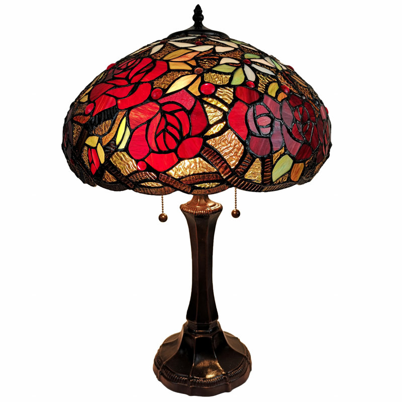 Lampe de table 24 po en métal brun foncé à deux lumières avec abat-jour dôme rouge