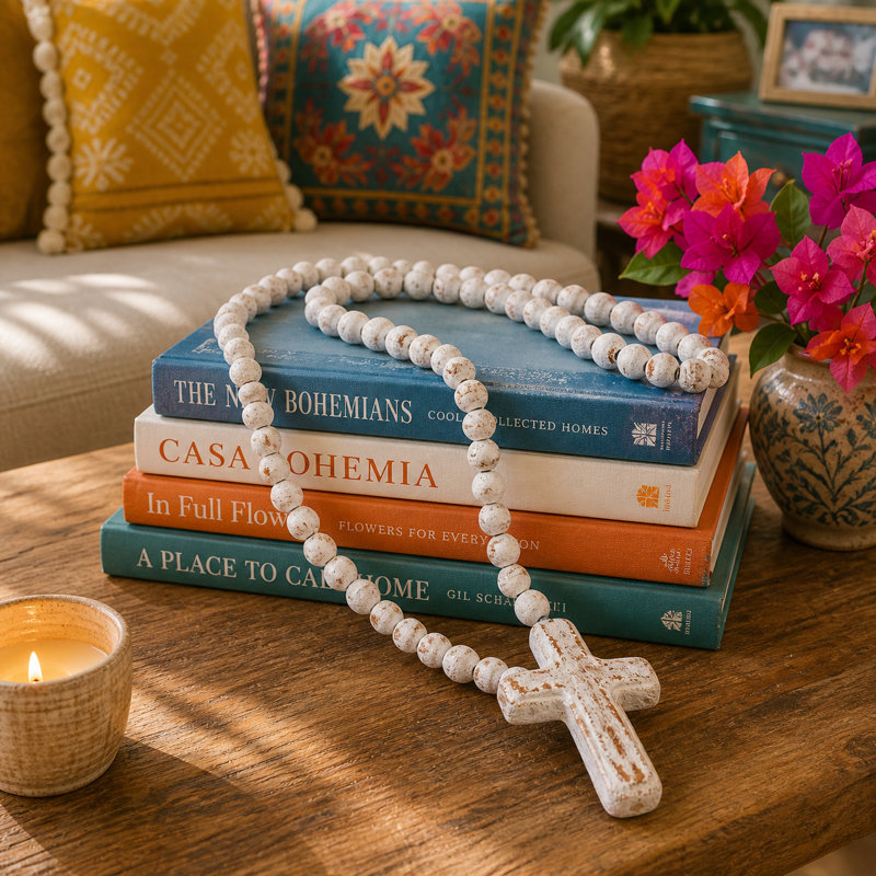 Natural, Hand Fired Clay Rosary With Cross, White, 32" H x 3.5" W x 1" D