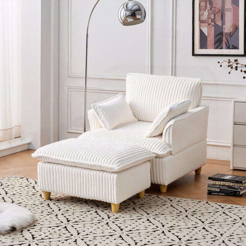 36" Wide Upholstered Accent Chair Corduroy Armchair With Ottoman, Beige