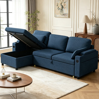 81" Wide L-Shaped Sleeper Sofa, Space-Saving Pull-Out Sofa Bed, Upholstered Sectional Couch