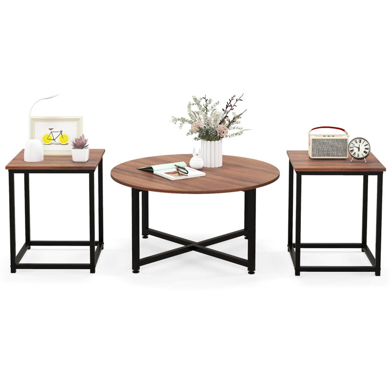 Walnut and Black 3-Piece Modern Nesting Coffee Table Set