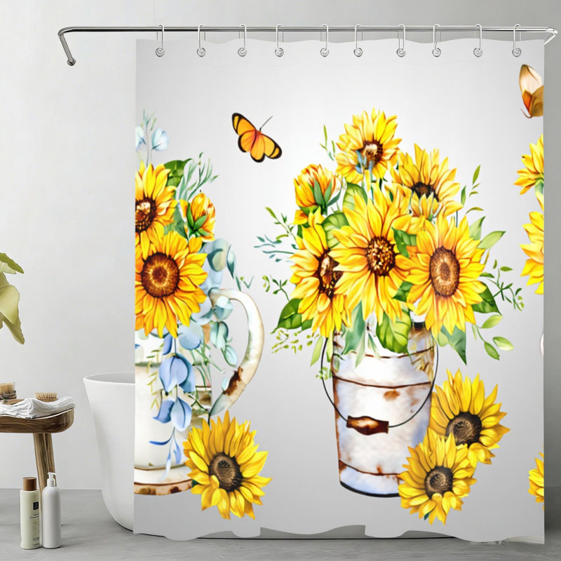 Rideau de bain Bucket Sunflower Butterfly avec crochets jaune 72 x 72 pouces (180 x 180 cm)