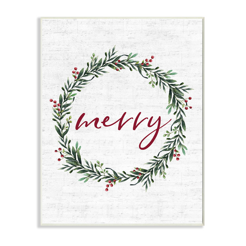 «Red Merry Text Festive Country Holiday Wreath» par Lettered and Lined - impression d'art textuel, Plaque murale