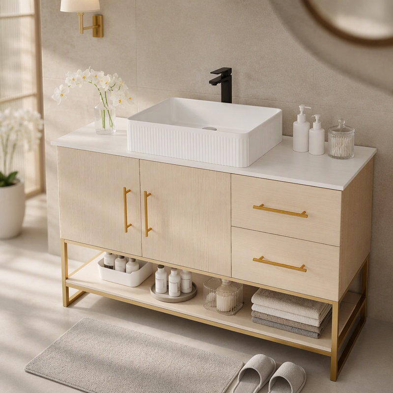 Meuble-lavabo moderne 47,2 po avec lavabo vasque en céramique, armoire autoportante dorée