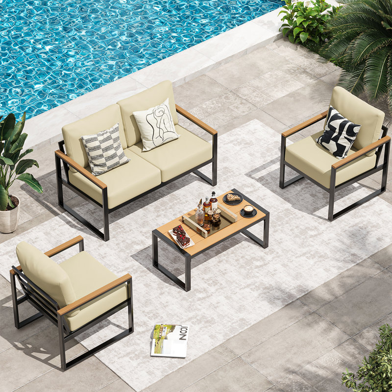 4-Piece Metal Patio Furniture Sofa Set – Outdoor Conversation Seating Group With Removable Cushions, Beige