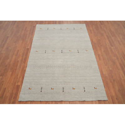 Tapis minimaliste de style Gabbeh 5 x 8 avec broderie animalière simpliste