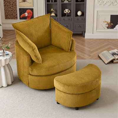 Swivel Accent Chair Round Barrel Armchair Upholstered Living Room Chair Corduroy Reading Chair Single Sofa Chair For Bedroom Apartment Office