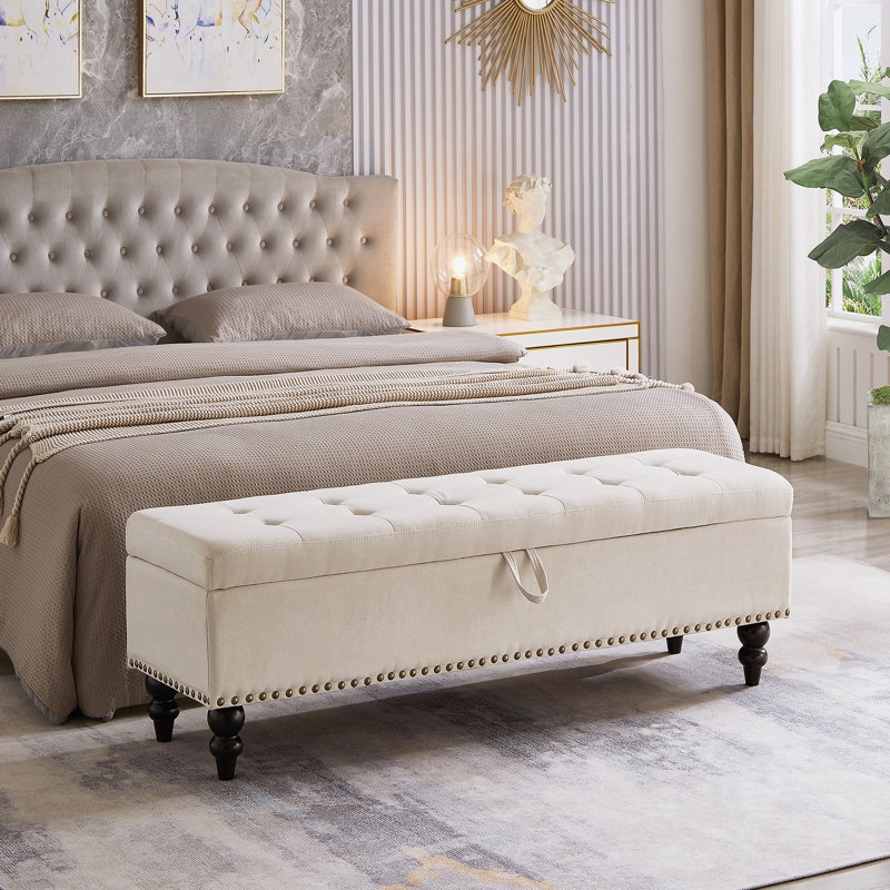 Banc de lit avec repose-pieds et tissu beige, Beige