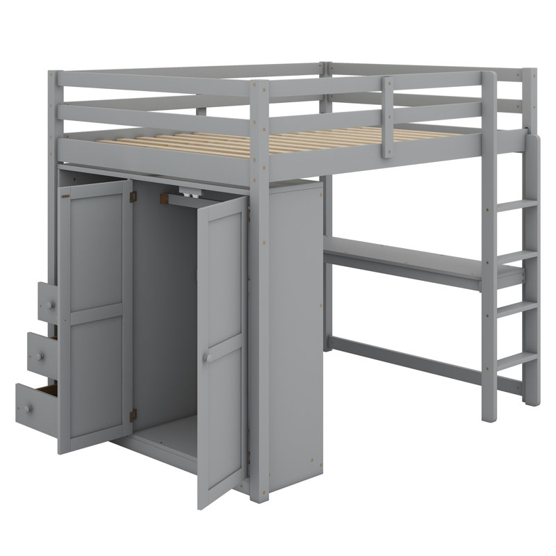 Lit mezzanine en bois avec garde-robe intégré, bureau, tablettes de rangement et tiroirs, Gris