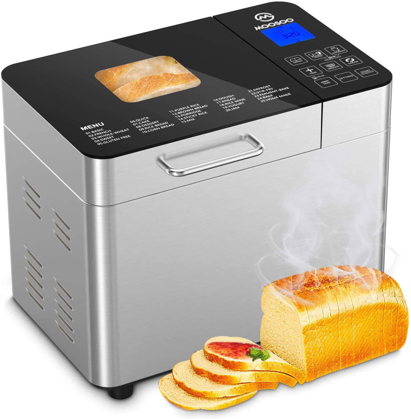 Moosoo 3.5 LB Bread Maker, 15 in 1 Auto Bread Machine with Gluten Free  Setting, LED Display, 15 Hours Timer Delay, White
