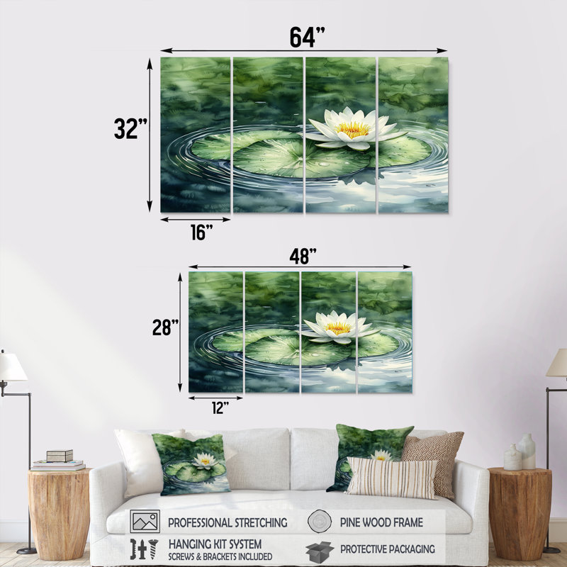 «Water Lotus Flower Tranquiity At The Pond I» - décoration murale lotus lotus - art mural moderne, H 32 po x l 64 po, 4