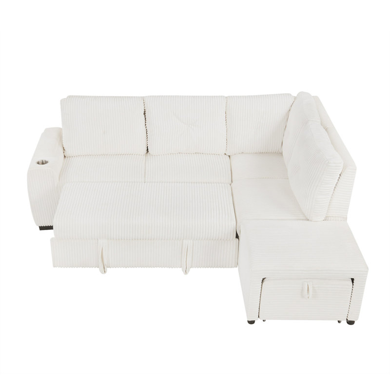 94" Sectional Sofa Pull-out Sofa Bed with Movable Ottoman and Stool, Creamy White