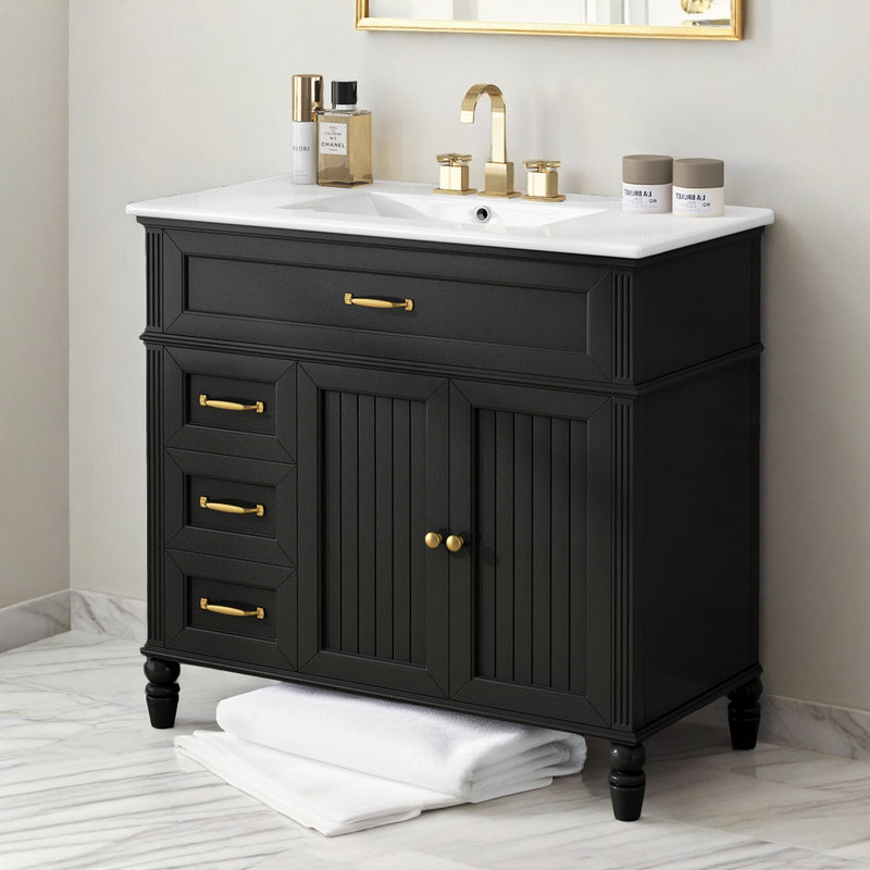 Ensemble de meuble-lavabo rétro 36 po - Lavabo en céramique - Structure en bois d'acacia - Conception rainurée - Compatible avec un robinet de 8 po?