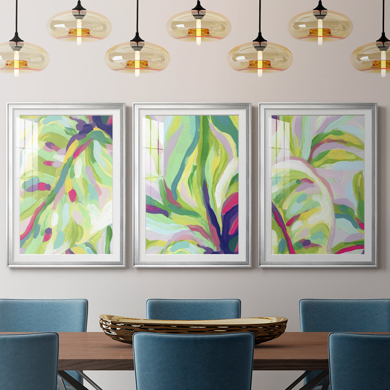 «Bright Tropical Abstraction I», reproduction sur mesure encadrée de qualité supérieure - 3 pièces, Argent argent