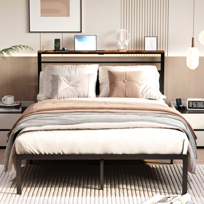 Queen Size Bed Frame with Charging Station, Platform Bed with Metal Slats, Upholstered Headboard with Storage Shelves, No Box Spring Needed, Black