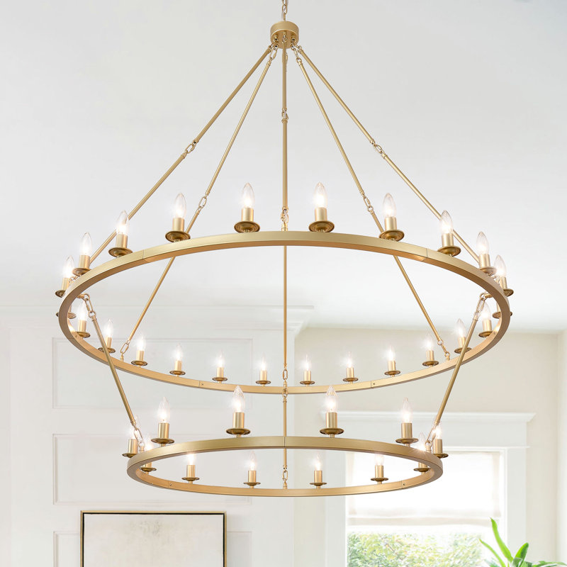 Daquez 36-light Dimmable Wagon Wheel Chandelier, Gold, 60.5" H x 53" W x 53" D