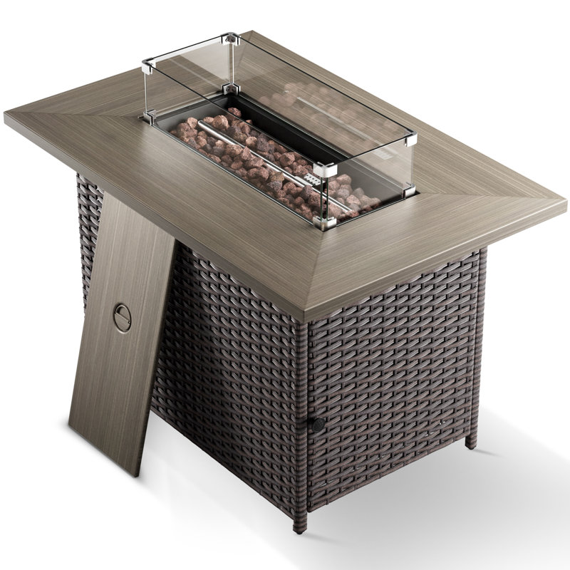 Schutt Rectangular PE Wicker Fire Pit Table With Lid - 50,000 BTU Adjustable Outdoor Heater, Brown
