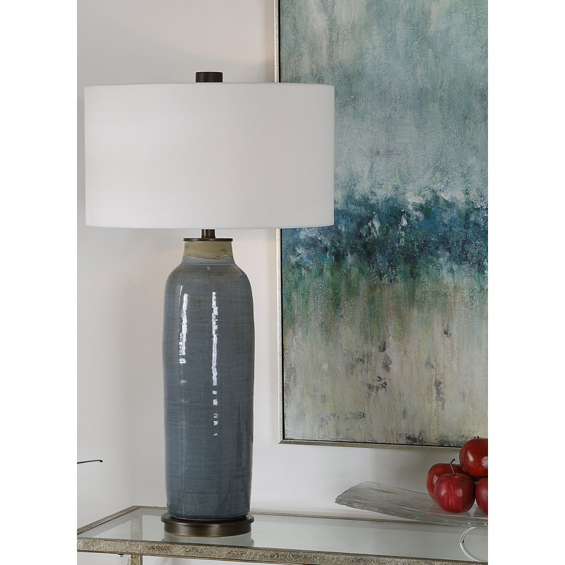 Slate Blue Glaze Ceramic Table Lamp with White Drum Shade