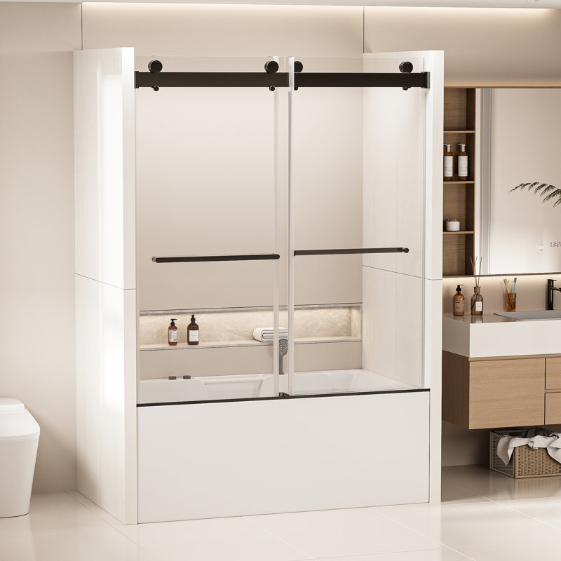 62 po Porte de douche H Bypass, 56 - 60 W, noir mat, 4 pouces de réglage horizontal, fermeture douce, peu d'entretien, étanchéité supérieure, configuration réversible, double verre trempé 5/16 po