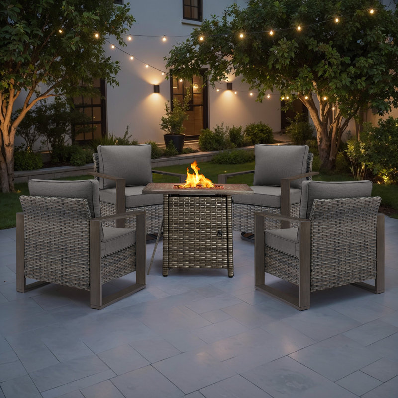 Drazen 4 - Person Patio Furniture Set With Fire Pit Table, All-Weather Wicker Outdoor Conversation Set With Chair And Thick Cushions