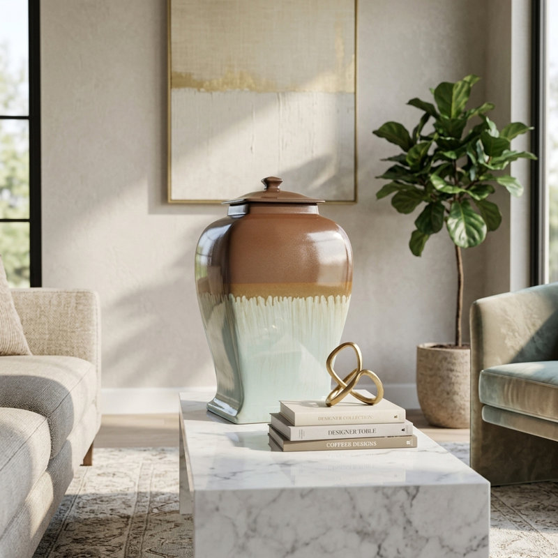 Grand pot contemporain en céramique avec couvercle pour le salon ou les étagères, H 20 po x l 8 po x P 12 po, Ivoire ivoire