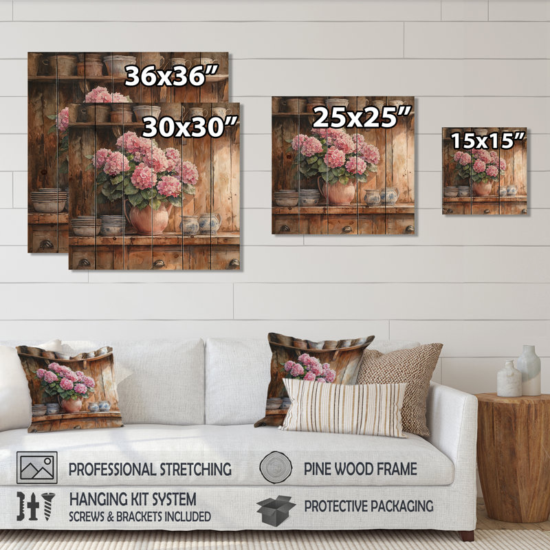 Hortensias à la ferme dans un vase de poterie IV - Art mural en bois d'hortensias - sur bois de pin naturel