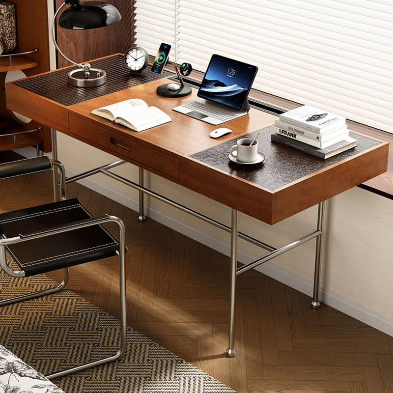 Brown+Black+Silver Rectangular Solid Wood+Glass+Stainless Steel desks, 29.53" H x 70.87" W x 27.56" D