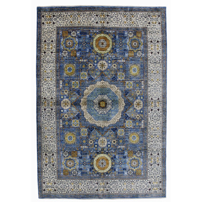 Tapis bleu et blanc noué à la main de haute qualité