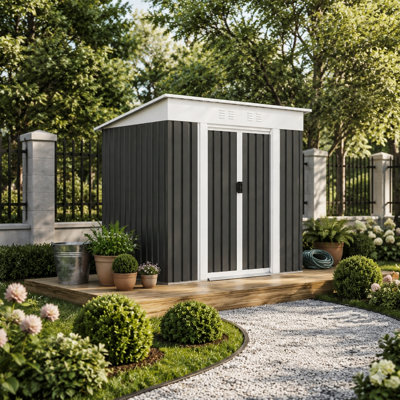 Remise de rangement en métal gris anthracite avec bordure blanche, résistante aux intempéries pour le patio