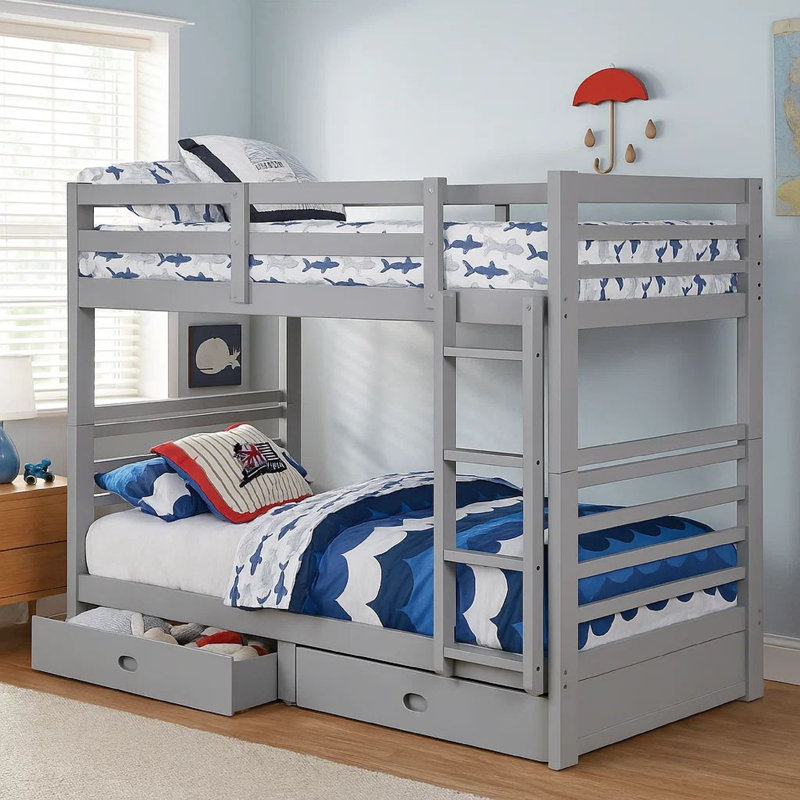 Lit superposé simple au-dessus de simple avec 2 tiroirs Alheide, Gris