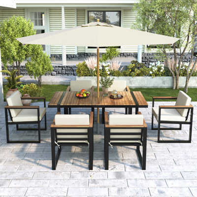 Ensemble de table de salle à manger d'extérieur 7 pièces avec chaises et coussins amovibles pour patio