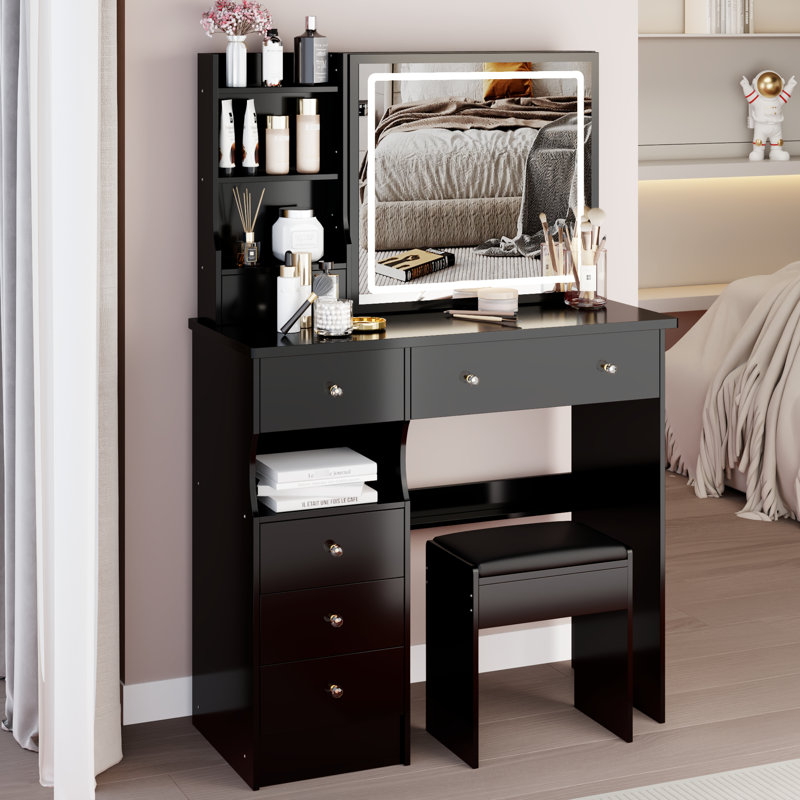 37" Middle Size Left Drawer Desktop Vanity Table + Cushioned Stool Dresser Set,2 AC+2 USB Socket,Hair Dryer Stand, Large Touch Control LED Sliding Mirror,3-color Switch