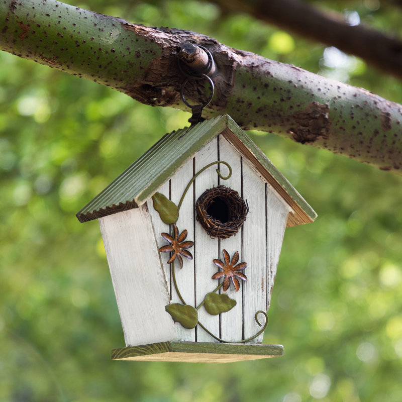 8.75"H Distressed Solid Wood Birdhouse with 3D Flower Decoration