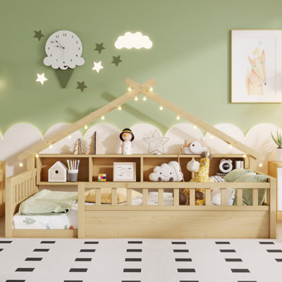 Lit simple au sol avec lumière, lit au sol en bois avec étagères de rangement, lit au sol avec toit pour enfants