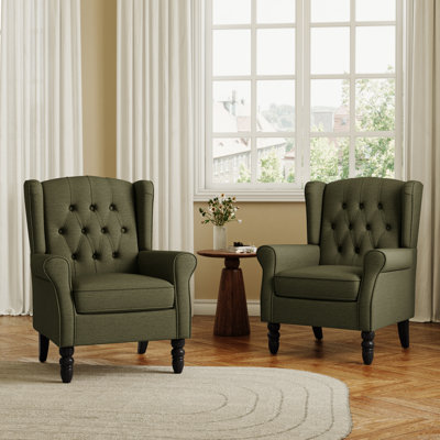 Duward Upholstered Green Button Tufted Wingback Accent Chair with Rolled Arm and Thick Padded Cushion