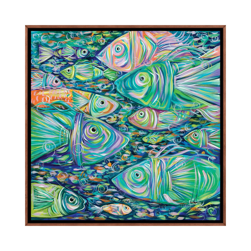 " School Of Fish " by Estelle Grengs, No Mat, 18'' H x 18'' W x 1.5'' D, Classic Brown Wood Framed Canvas