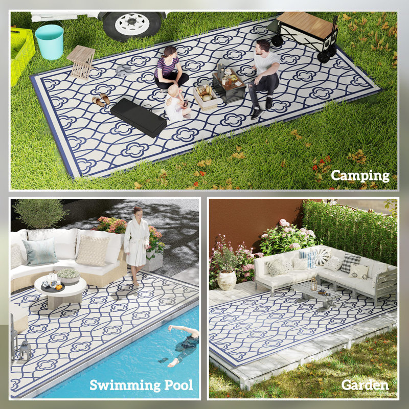Tapis d'extérieur réversible, tapis de sol en paille de plastique imperméable 9 pi x 18 pi, tapis de camping portatif pour camping-car, grand tapis de jardin, terrasse, pique-nique, plage, lanterne bleue et blanche