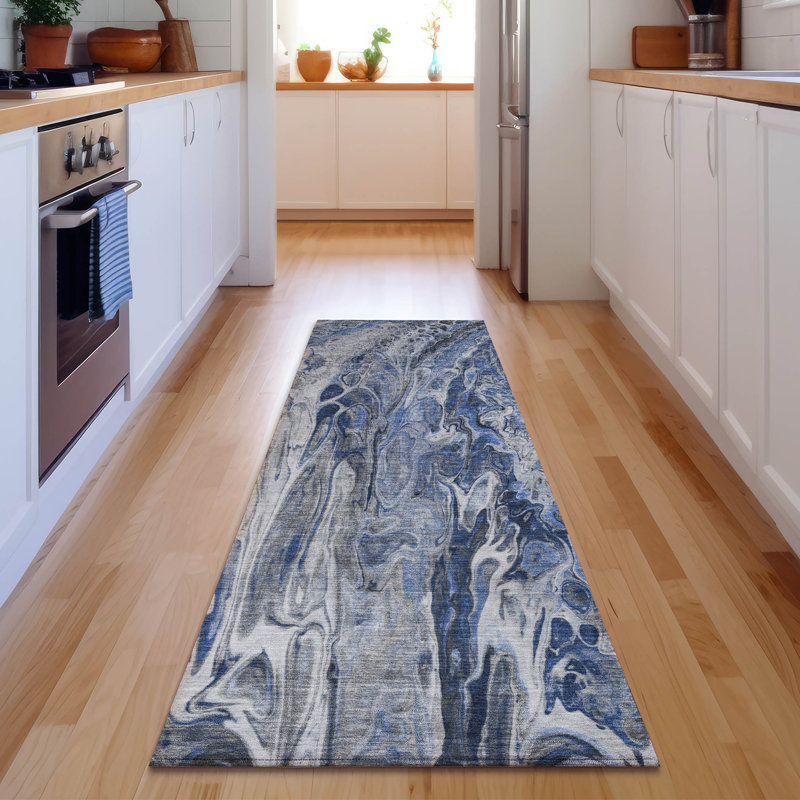 Premium Machine Washable Cerrito AMF602 Blue Round Rug, Runner 2'3" x 7'6"