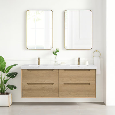 60'' Wall-mounted Double Bathroom Vanity With Engineered Stone Top