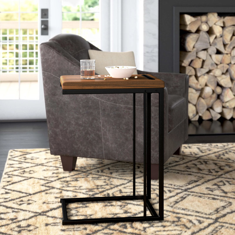 Arminas Callista 27" H C Shaped End Table, Under Sofa Side Table, Coffee Top, Black Metal Frame