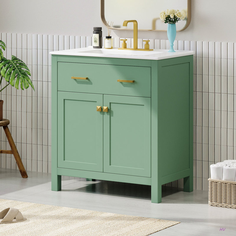 Meuble-lavabo de 30 pouces avec lavabo en céramique, armoire de salle de bain simple moderne avec 2 portes et une tablette, portes à fermeture douce